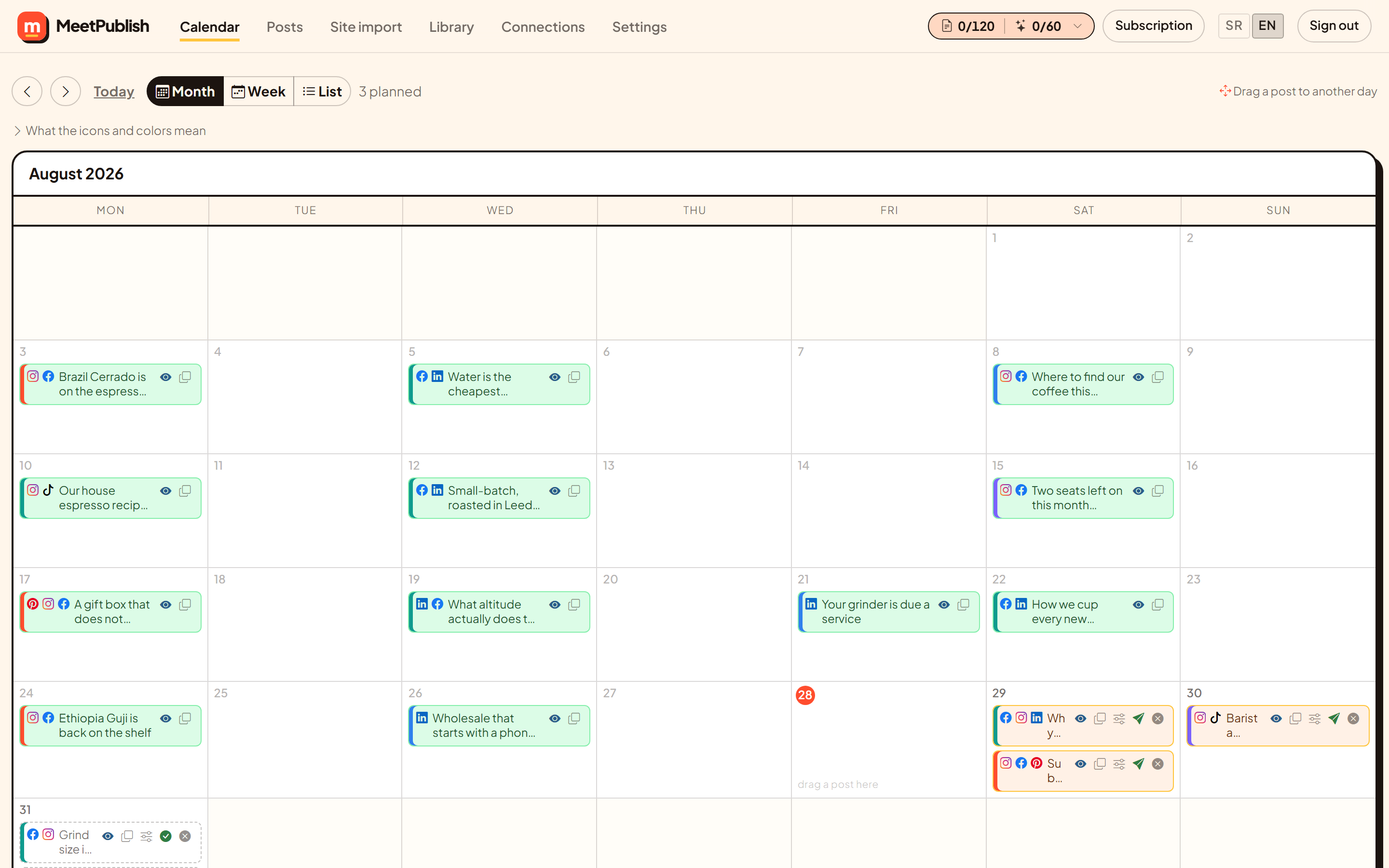 Month view of the content calendar with posts across several networks