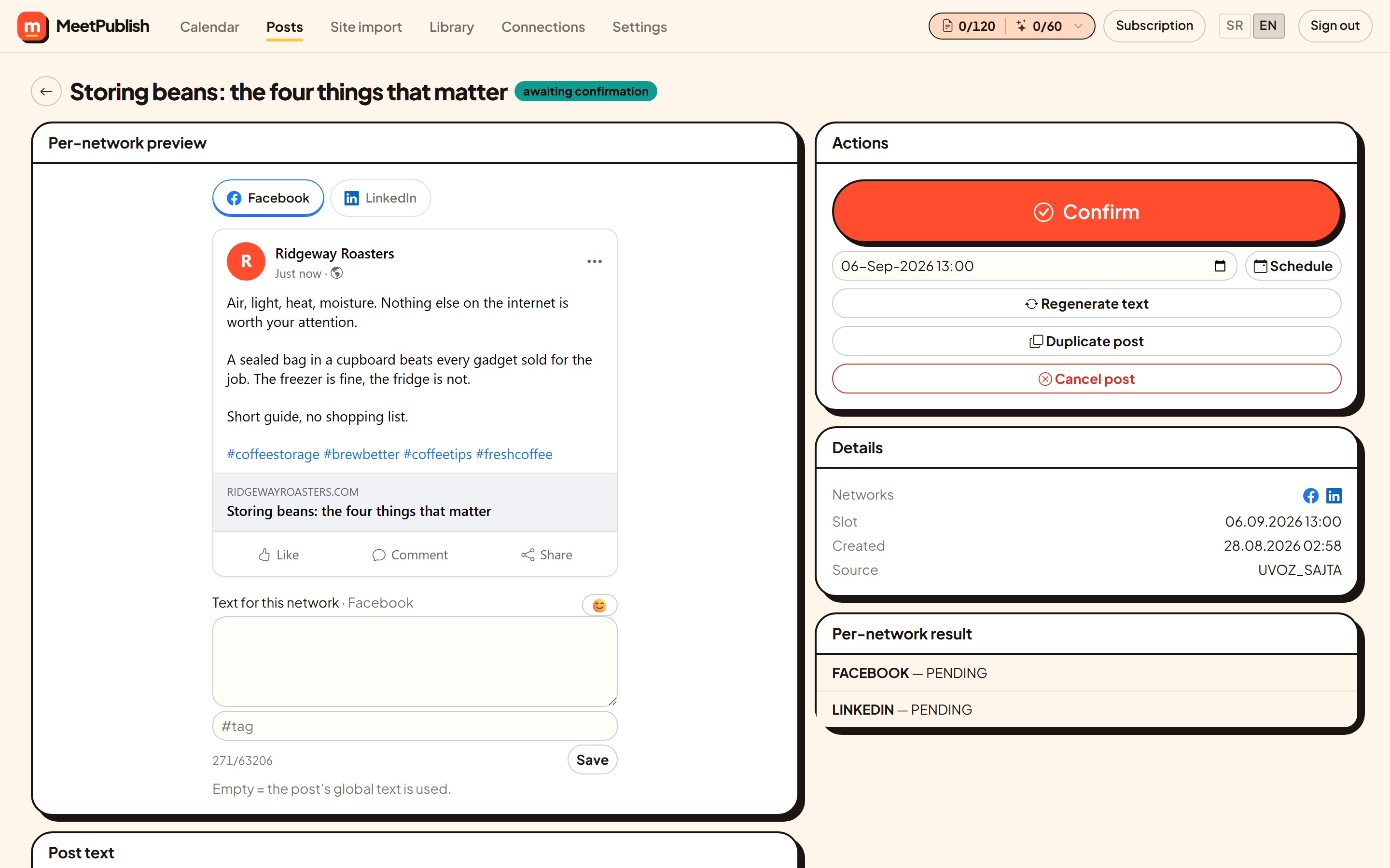 Per-network preview of a post with publishing actions and per-network results