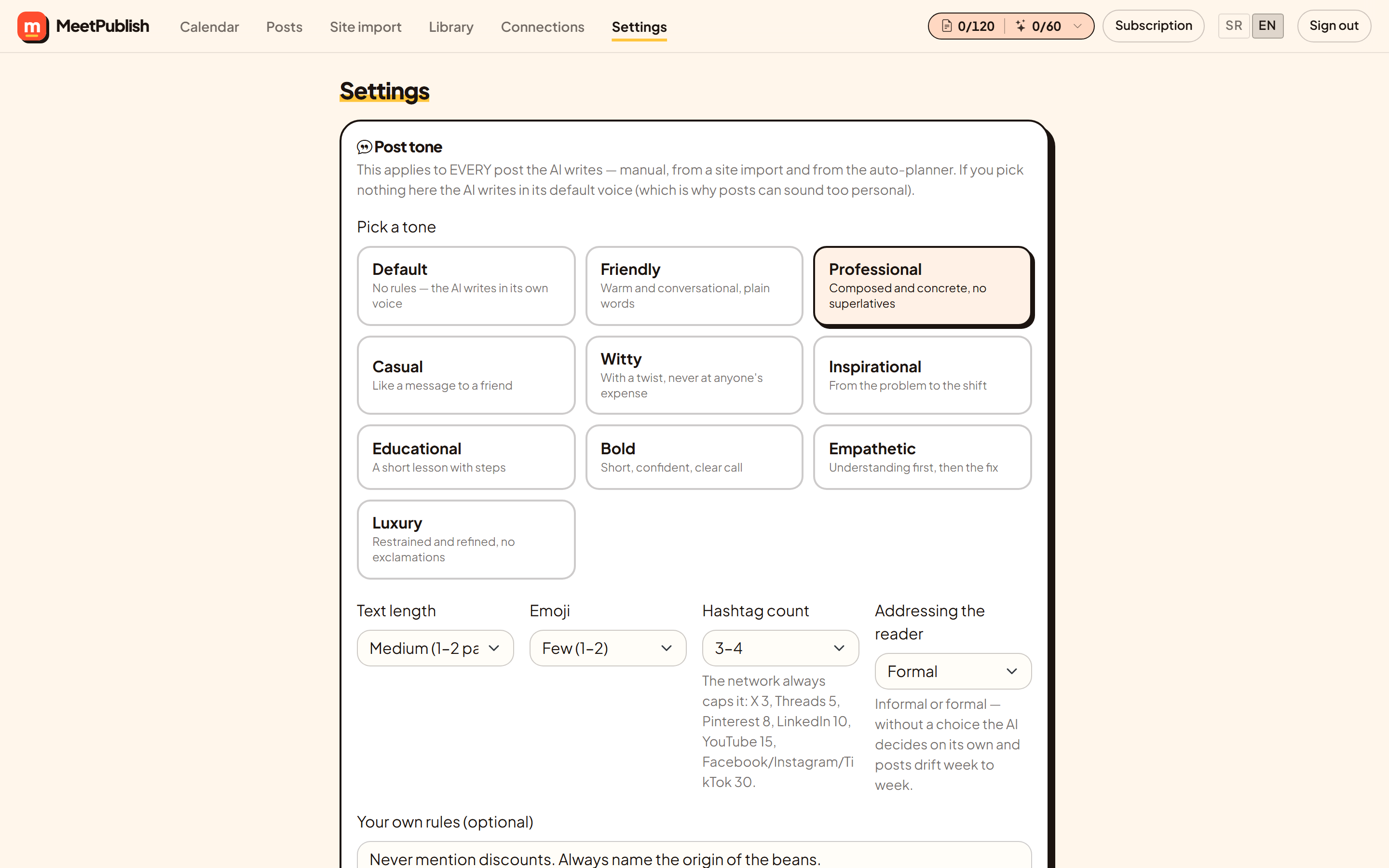 Settings with tone presets, length, emoji level, hashtag count and how the reader is addressed