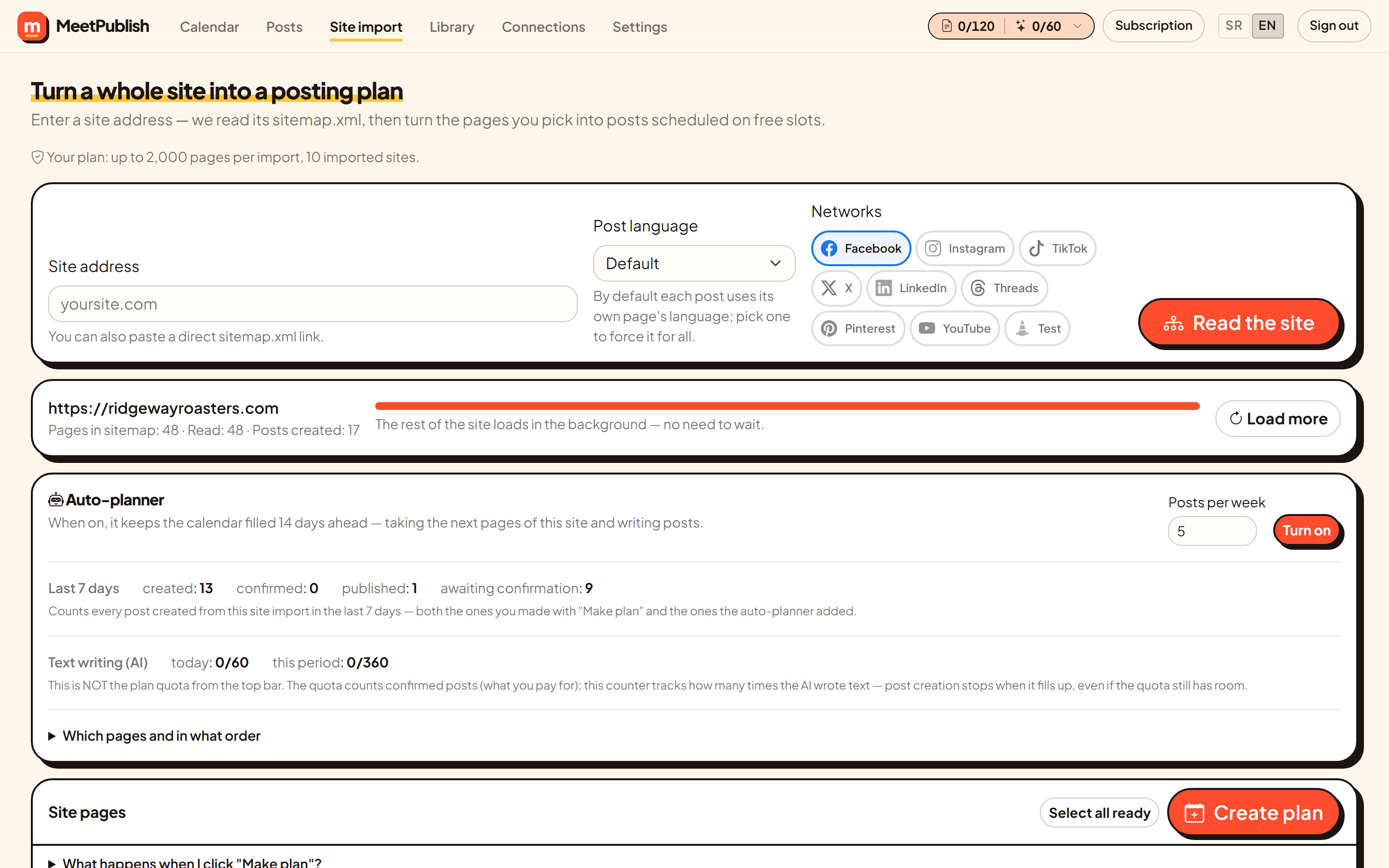 Site import listing pages read from a sitemap, with tabs by state and the auto-planner