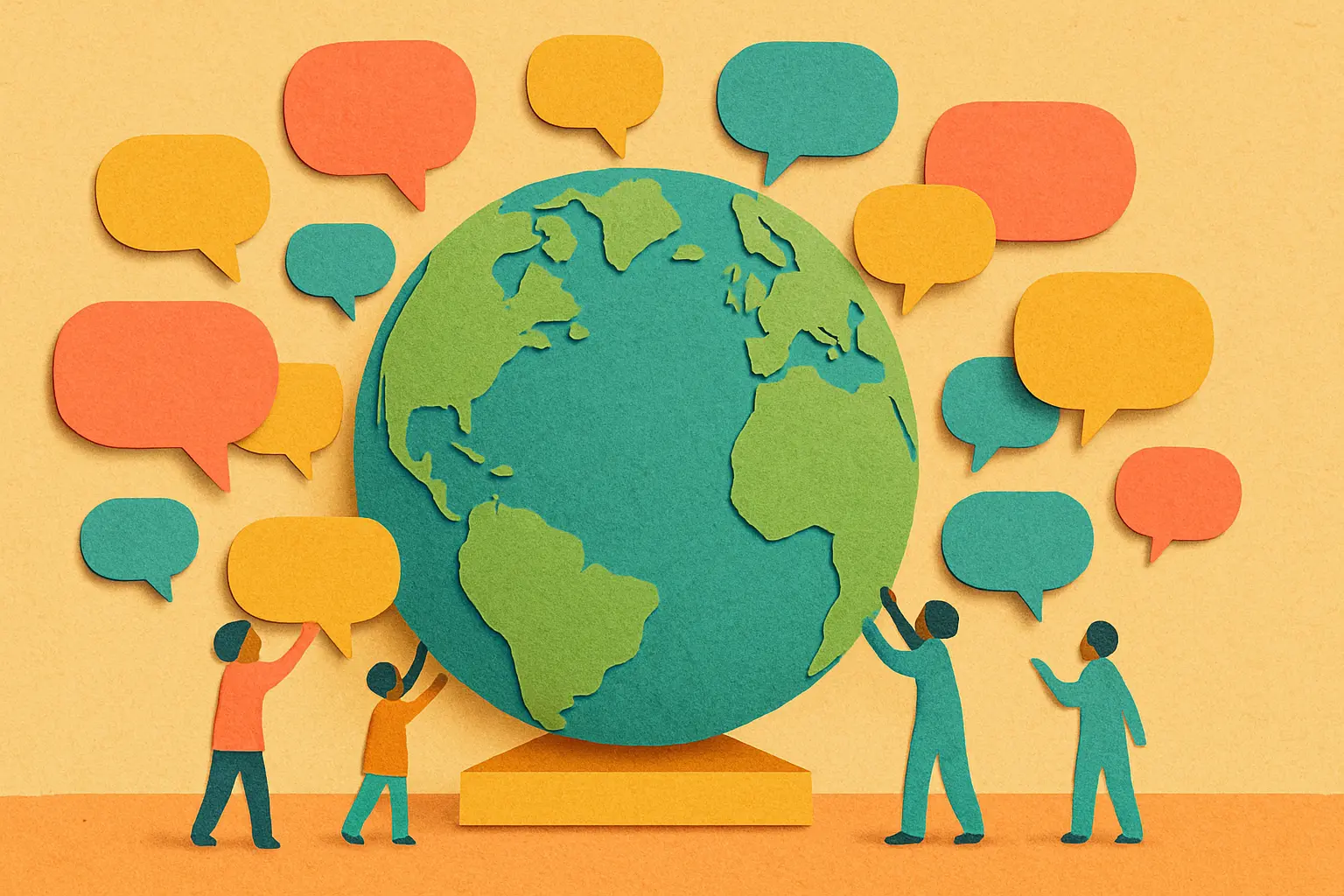 Miniature globe with tiny figures placing colored speech bubbles around it