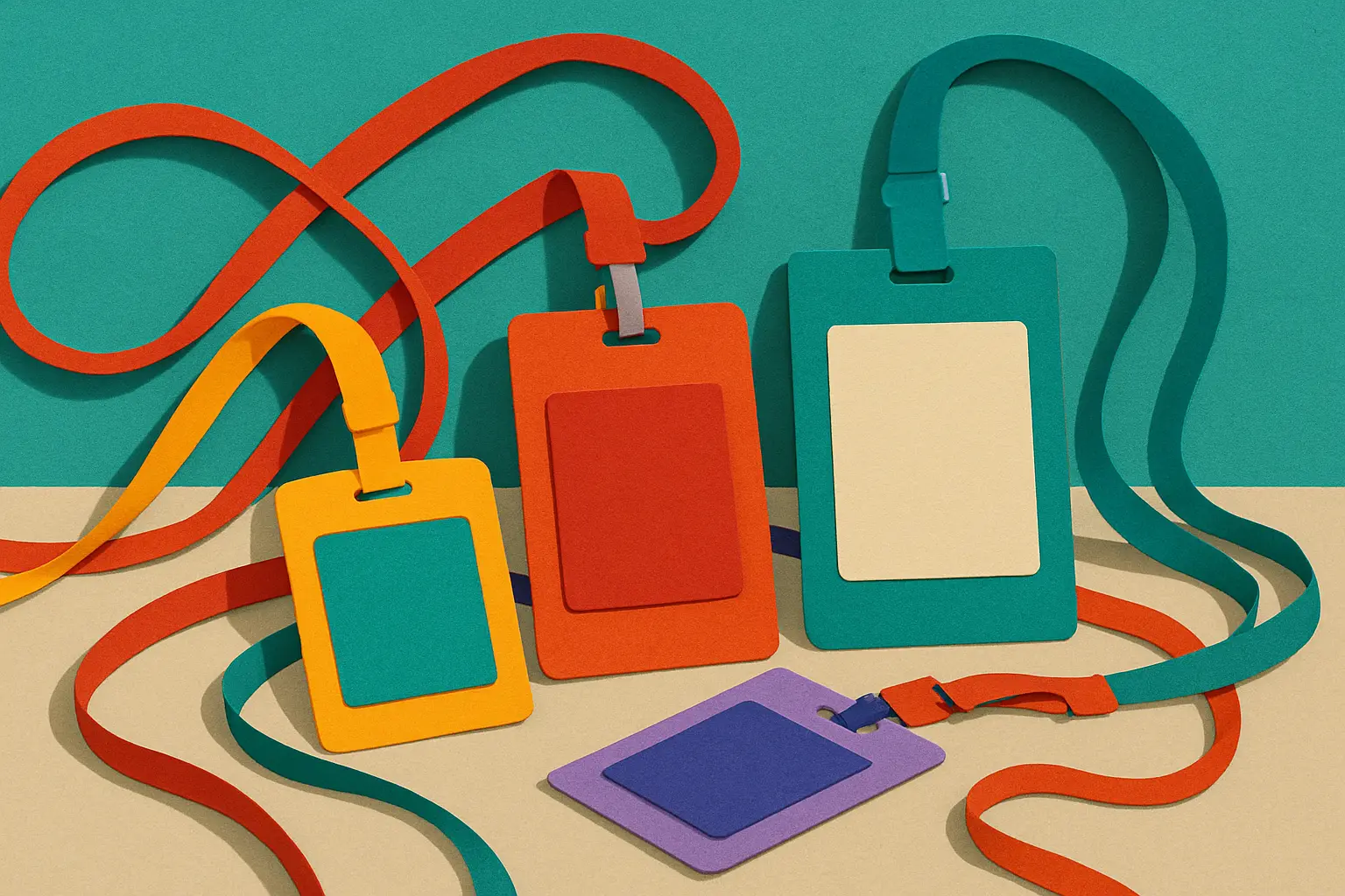 Paper cut-out style illustration of event badges and press passes arranged on a surface